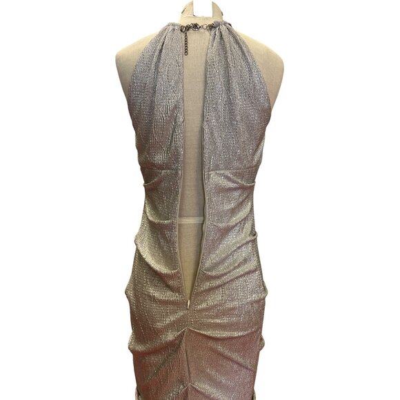 XSCAPE Silver Metallic Halter Neck Gown With Chain Detail Elegant Long Dress Eve - Picture 7 of 11